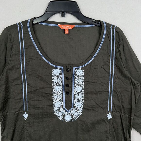 Tommy Bahama Shirt Womens 6 Grey Blue Embroidered Linen Boho Tunic Top Relax - Picture 2 of 16